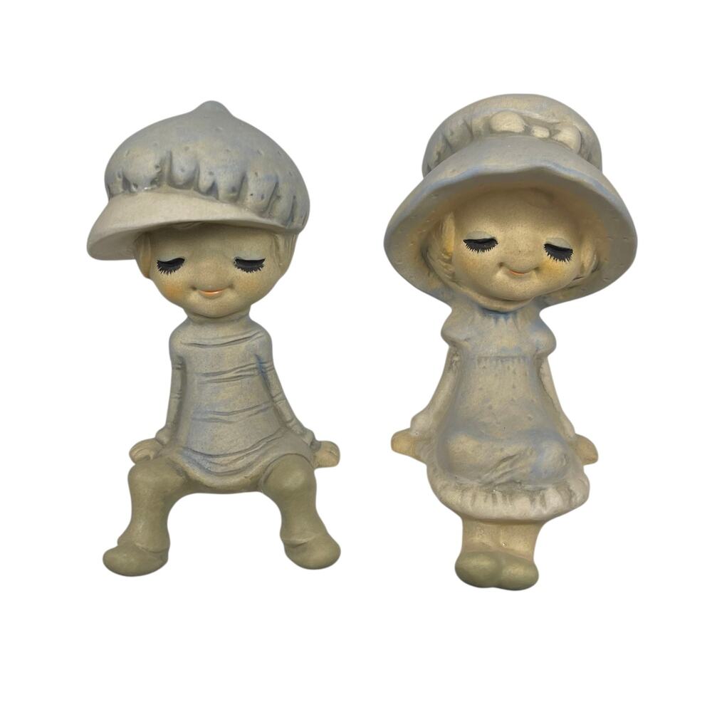 Vintage 1960s or 1970s UCTCI Clay Sitting Boy and Girl From JAPAN 6 Inches